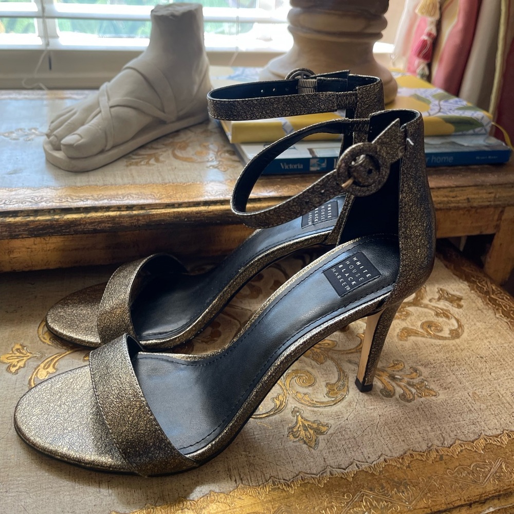 White House Black Market Gold Heels with Slim Ankle Strap